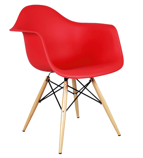 Molded plastic armchair with dowel legs in orange color